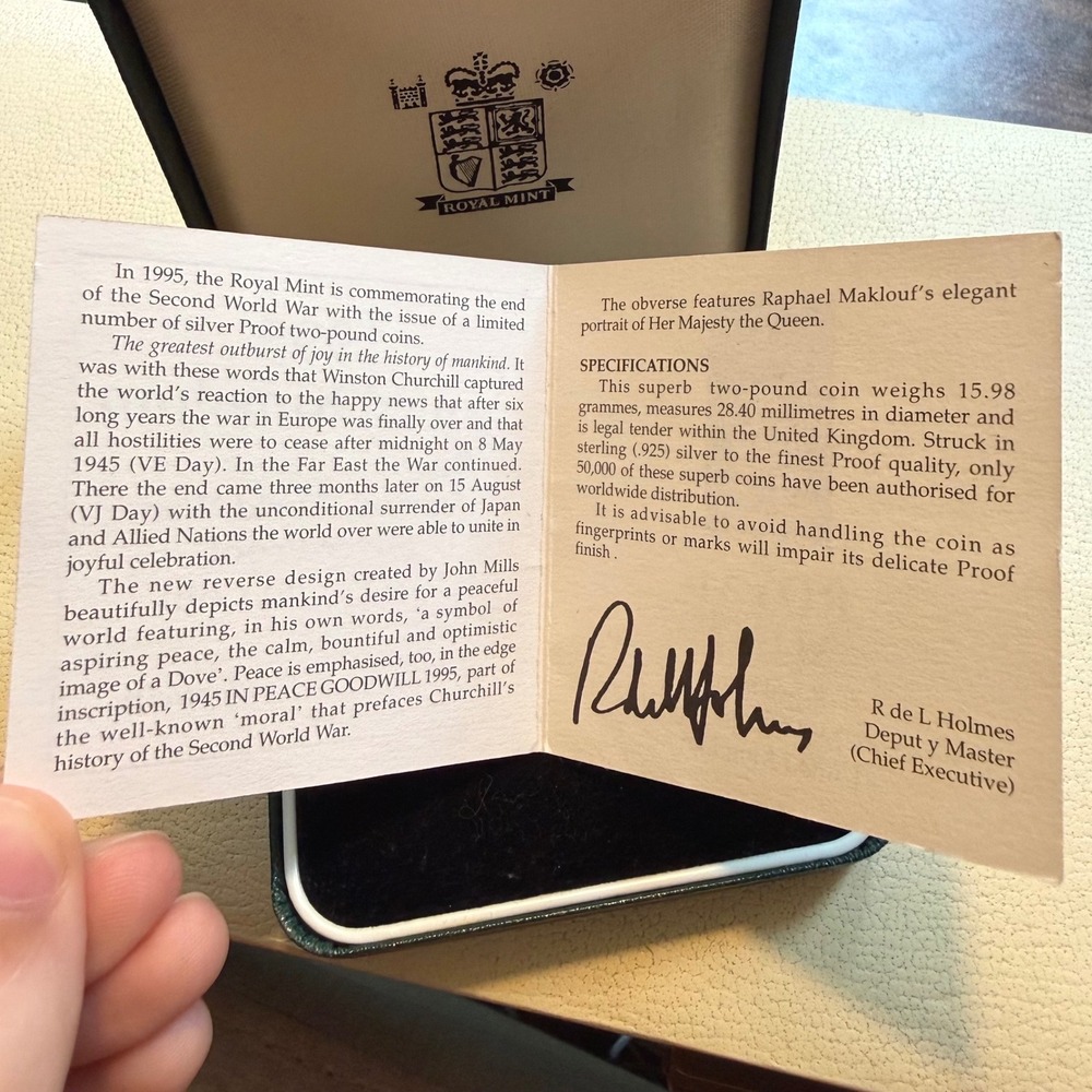 1995 UK WWII Silver Proof £2 Coin Dove of Peace Royal Mint Box & COA Two Pound - Picture 3 of 9